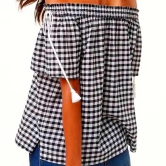 Womens LOFT Off The Shoulder Plaid Blouse Sz S Black White - Picture 1 of 7